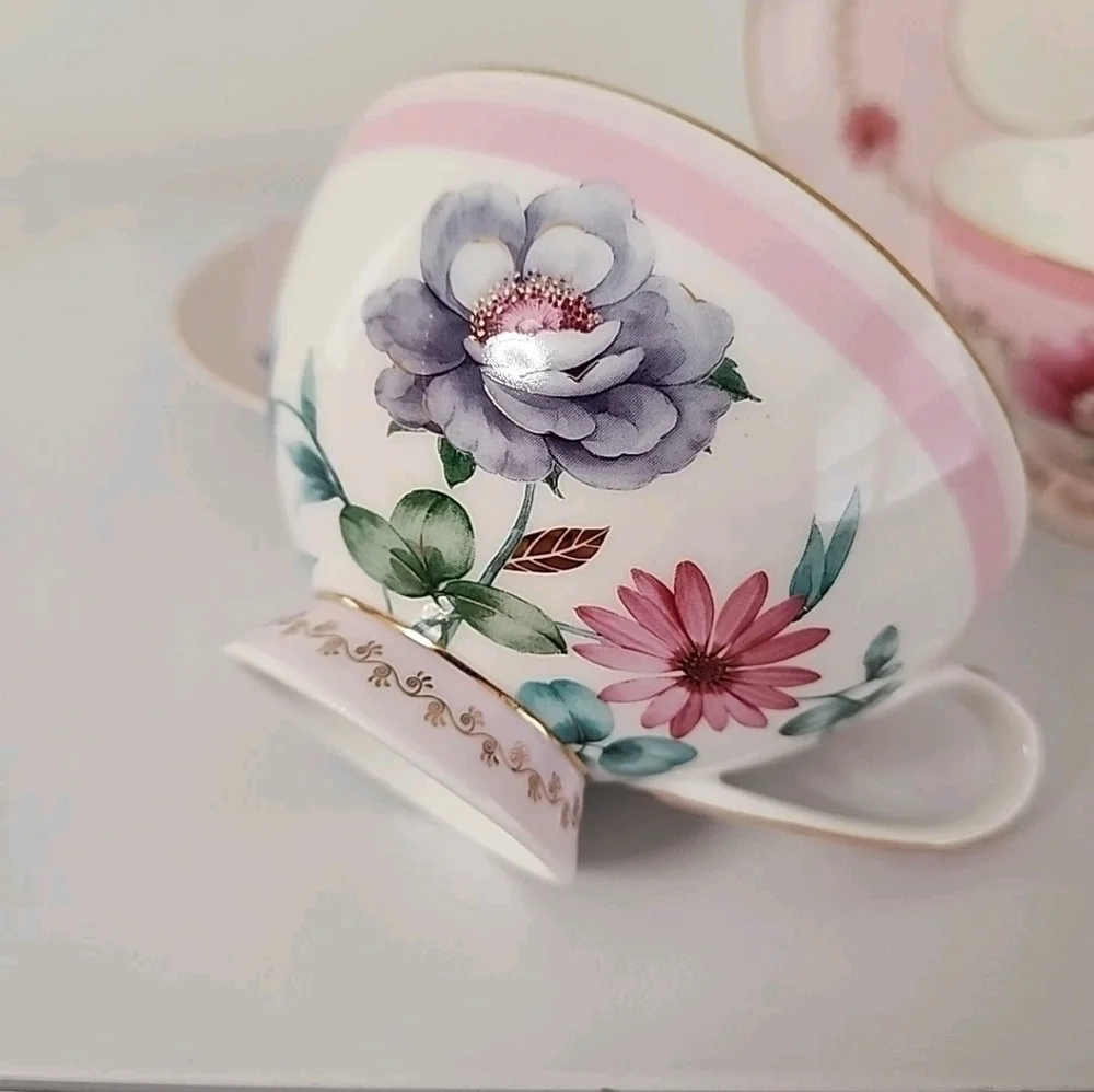 Grace Teaware Pink Floral Tea Cup Saucer Set 2 Cottagecore Gold Gilt Tea Party